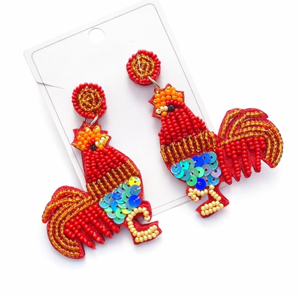 Colorful Beaded Rooster Earrings